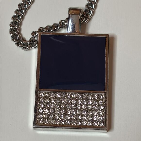 Ann Taylor Silver Tone and Dark Blue Pendant Necklace with Long 32” Chain - Picture 2 of 5